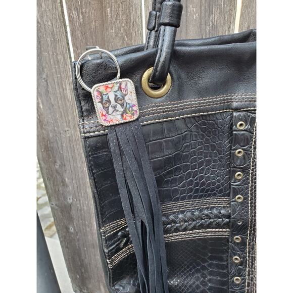 Handmade boho Boston terrier Gift Leather Fringe Western bag charm keychain - Picture 1 of 3